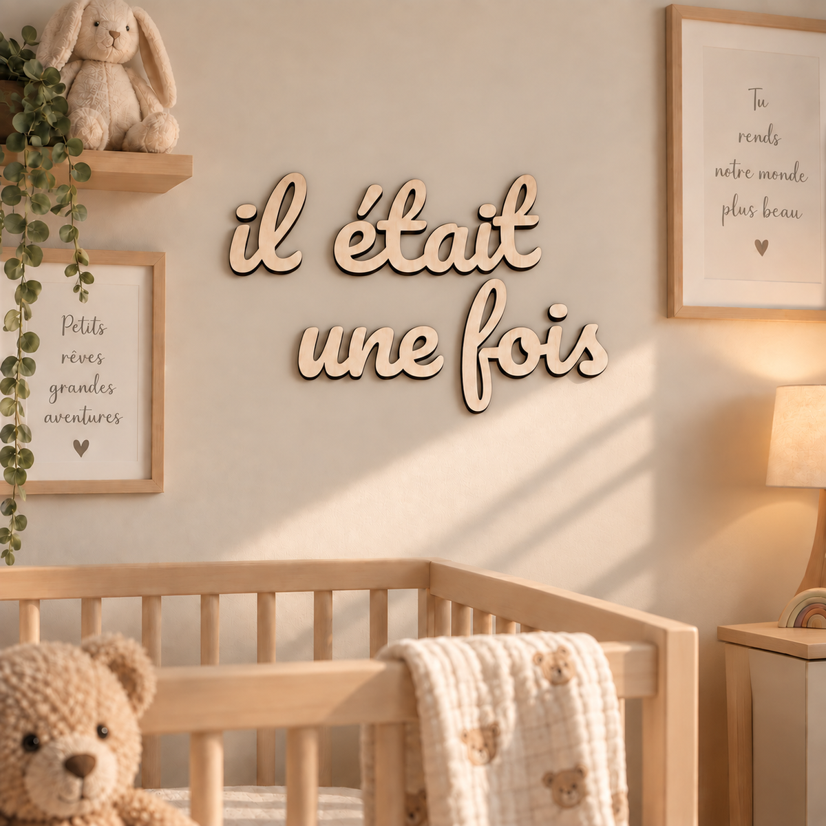 Lettres décoratives en bois formant « Il était une fois », présentées au mur dans une chambre de bébé.