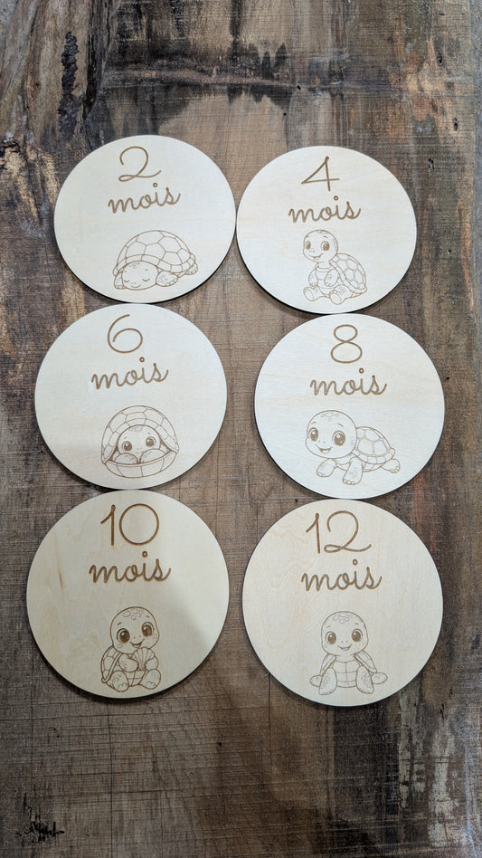 Disques jalons bébé mois 2, 4, 6, 8, 10, 12 avec tortue gravée au laser