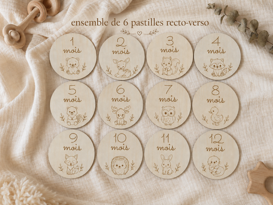 Ensemble de 6 pastilles recto-verso en bois gravé — animaux de la forêt