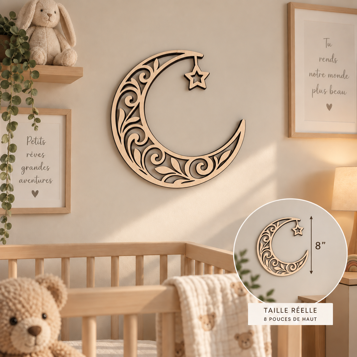 Lune croissante découpée au laser avec motifs floraux et arabesques, décoration murale chambre bébé 8 pouces