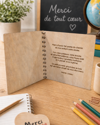 Carte de remerciement en bois gravée - Cadeau pour enseignant