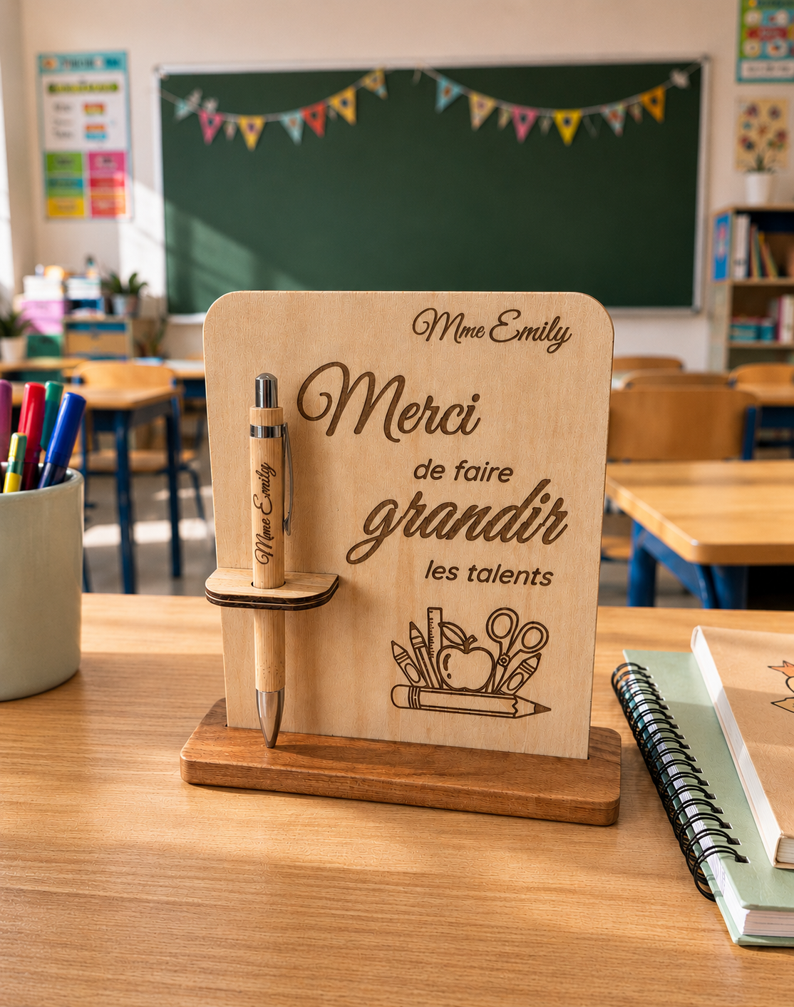 Porte-crayon personnalisé en bois franc – Cadeau enseignant