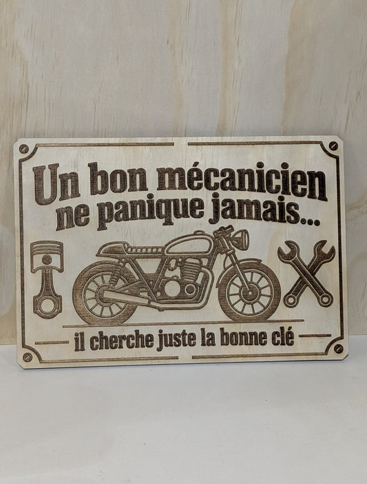 Plaque décorative « Un bon mécanicien ne panique jamais »