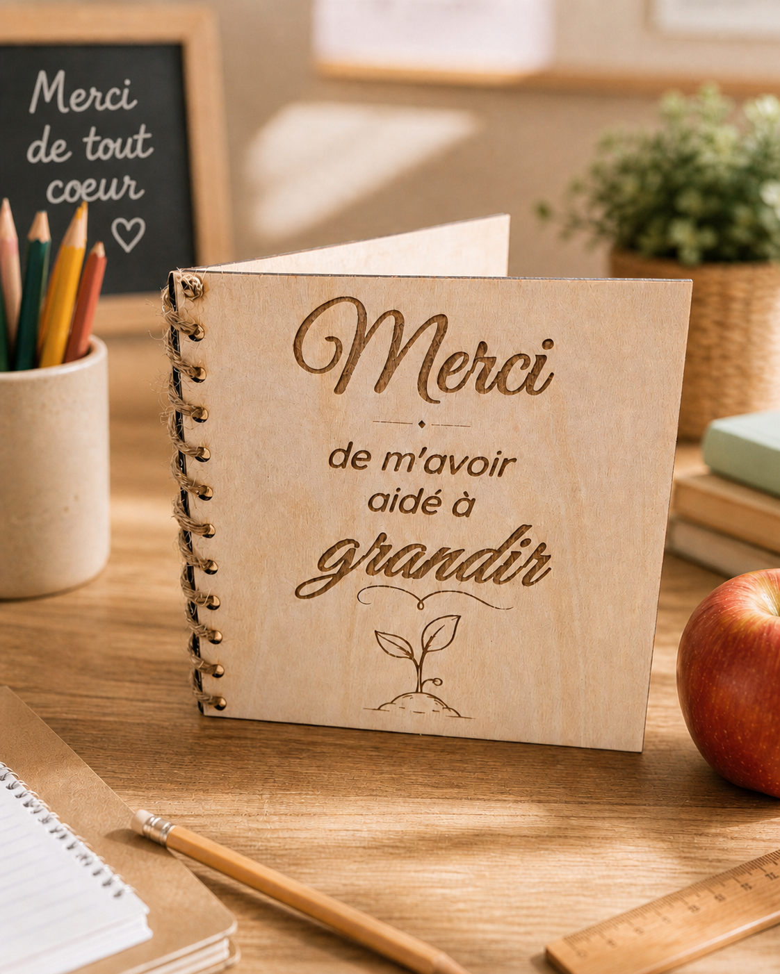 Carte de remerciement en bois gravée - Cadeau pour enseignant