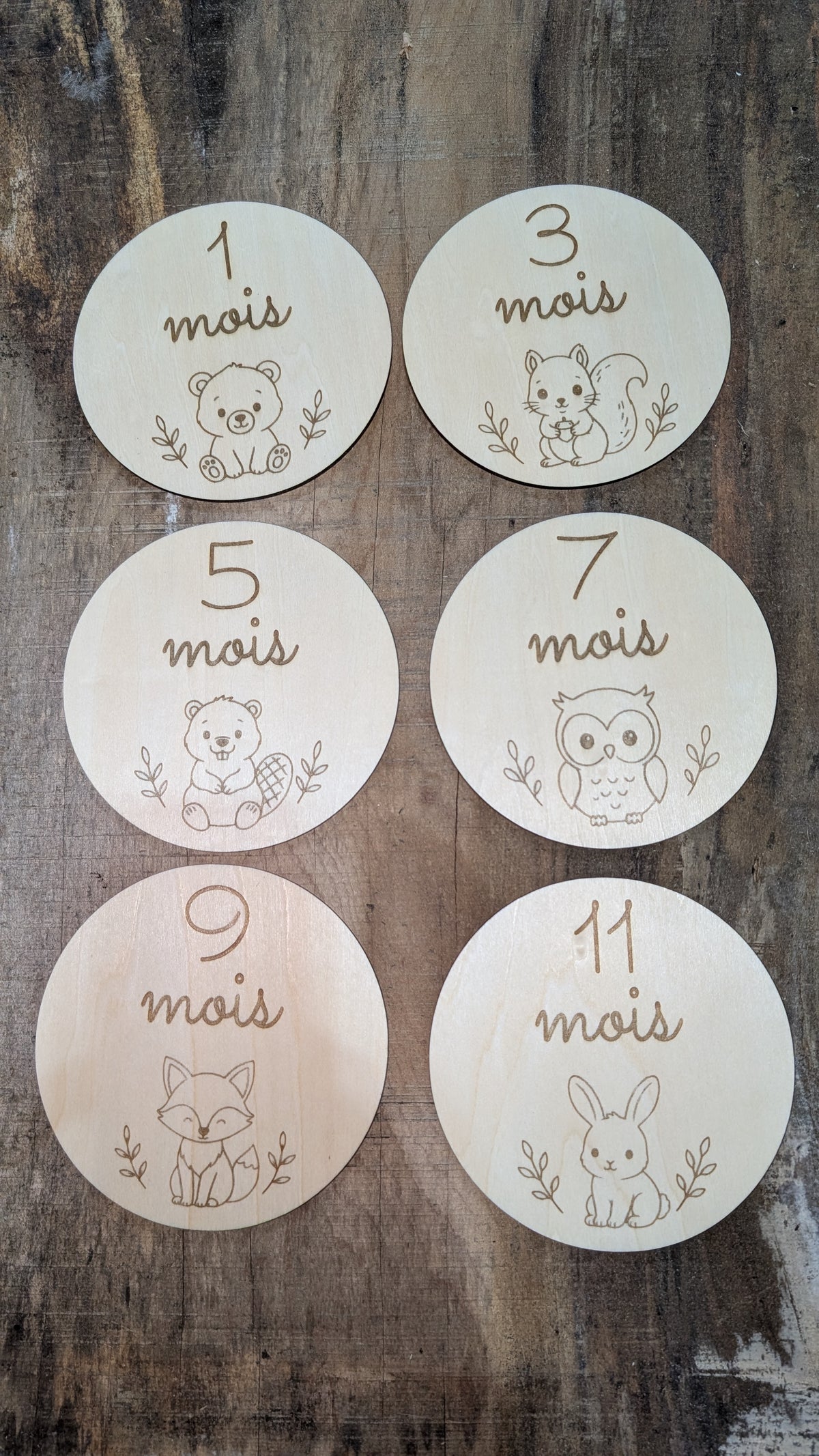 Six pastilles de mois bébé en bois gravé avec animaux, présentant les mois 1, 3, 5, 7, 9 et 11.